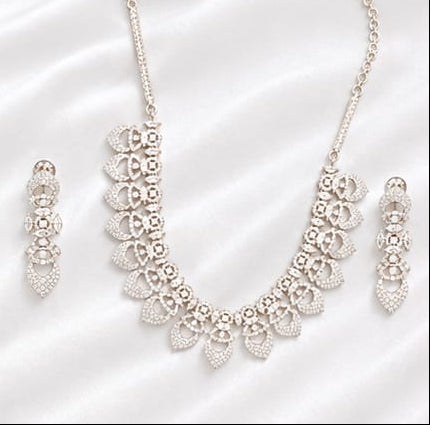 Silver-Tone CZ Stone  Necklace Set with Matching Earrings