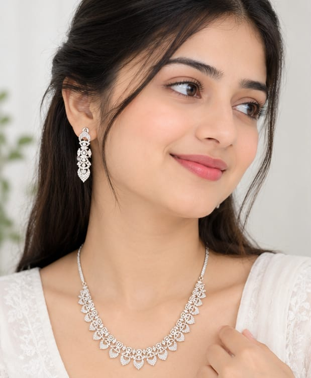 Silver-Tone CZ Stone  Necklace Set with Matching Earrings