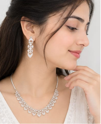 Silver-Tone CZ Stone  Necklace Set with Matching Earrings