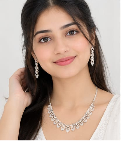 Silver-Tone CZ Stone  Necklace Set with Matching Earrings