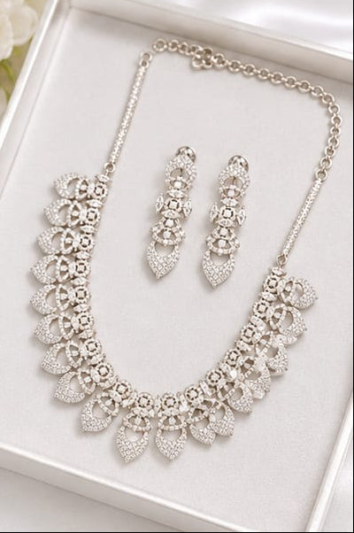 Silver-Tone CZ Stone  Necklace Set with Matching Earrings