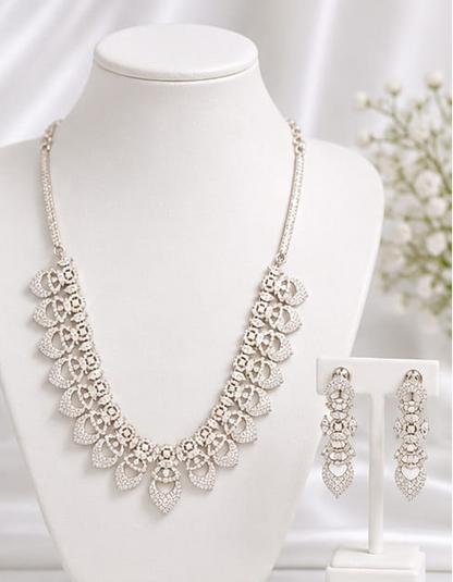 Silver-Tone CZ Stone  Necklace Set with Matching Earrings