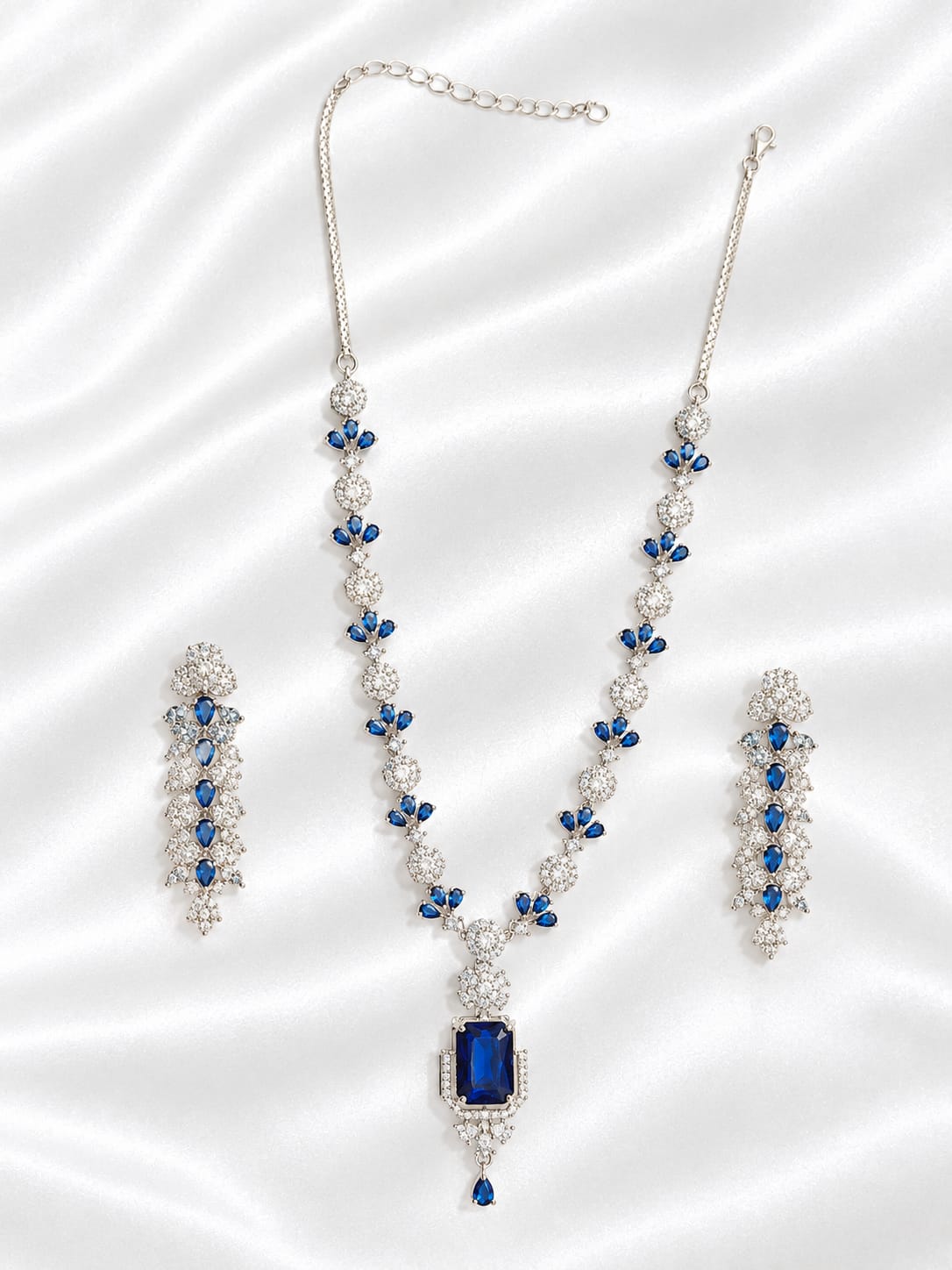 Royal Blue & Silver-Plated Cubic Zirconia Statement Necklace Set with Matching Drop Earrings