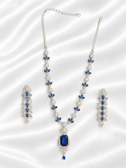 Royal Blue & Silver-Plated Cubic Zirconia Statement Necklace Set with Matching Drop Earrings