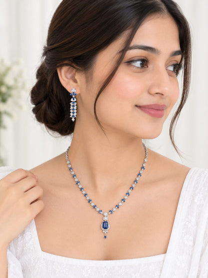 Royal Blue & Silver-Plated Cubic Zirconia Statement Necklace Set with Matching Drop Earrings