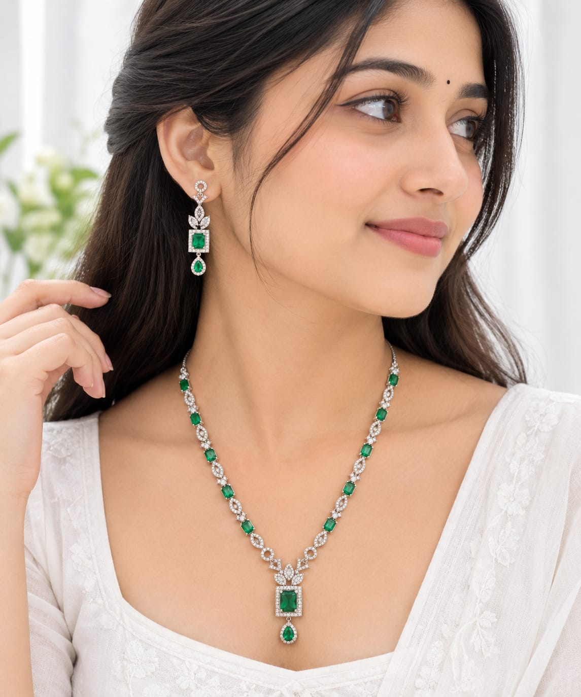 Emerald Green & Silver-Plated Cubic Zirconia Statement Necklace Set with Matching Drop Earrings