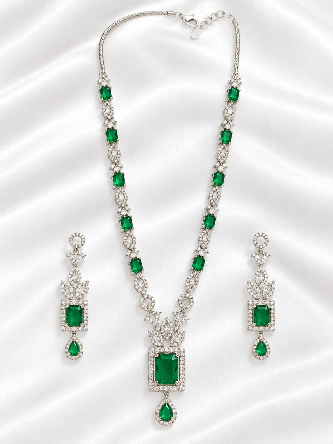 Emerald Green & Silver-Plated Cubic Zirconia Statement Necklace Set with Matching Drop Earrings