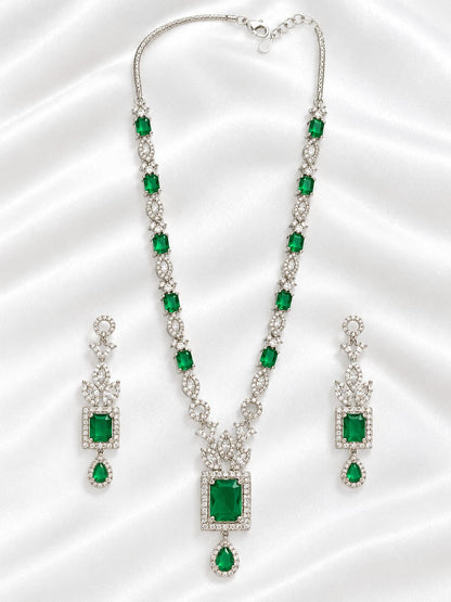 Emerald Green & Silver-Plated Cubic Zirconia Statement Necklace Set with Matching Drop Earrings