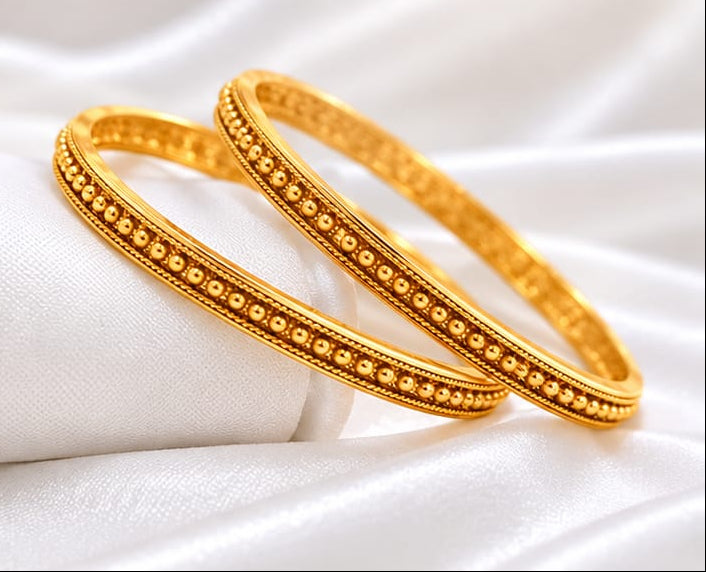 Traditional Gold Plated Beaded Textured Bangle Set  Fixed South Indian Style Plain Gold Look Bangles