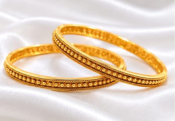 Traditional Gold Plated Beaded Textured Bangle Set  Fixed South Indian Style Plain Gold Look Bangles