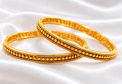 Traditional Gold Plated Beaded Textured Bangle Set  Fixed South Indian Style Plain Gold Look Bangles