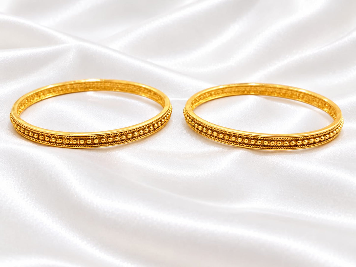 Traditional Gold Plated Beaded Textured Bangle Set  Fixed South Indian Style Plain Gold Look Bangles