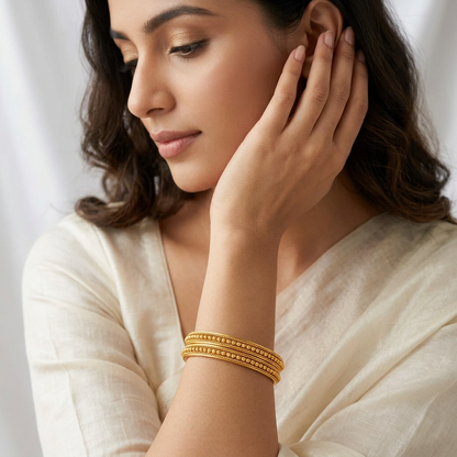 Traditional Gold Plated Beaded Textured Bangle Set  Fixed South Indian Style Plain Gold Look Bangles