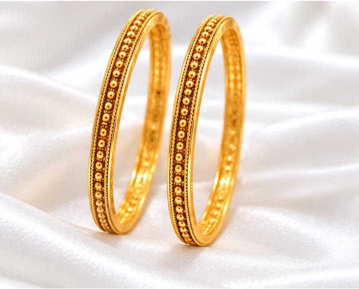 Traditional Gold Plated Beaded Textured Bangle Set  Fixed South Indian Style Plain Gold Look Bangles