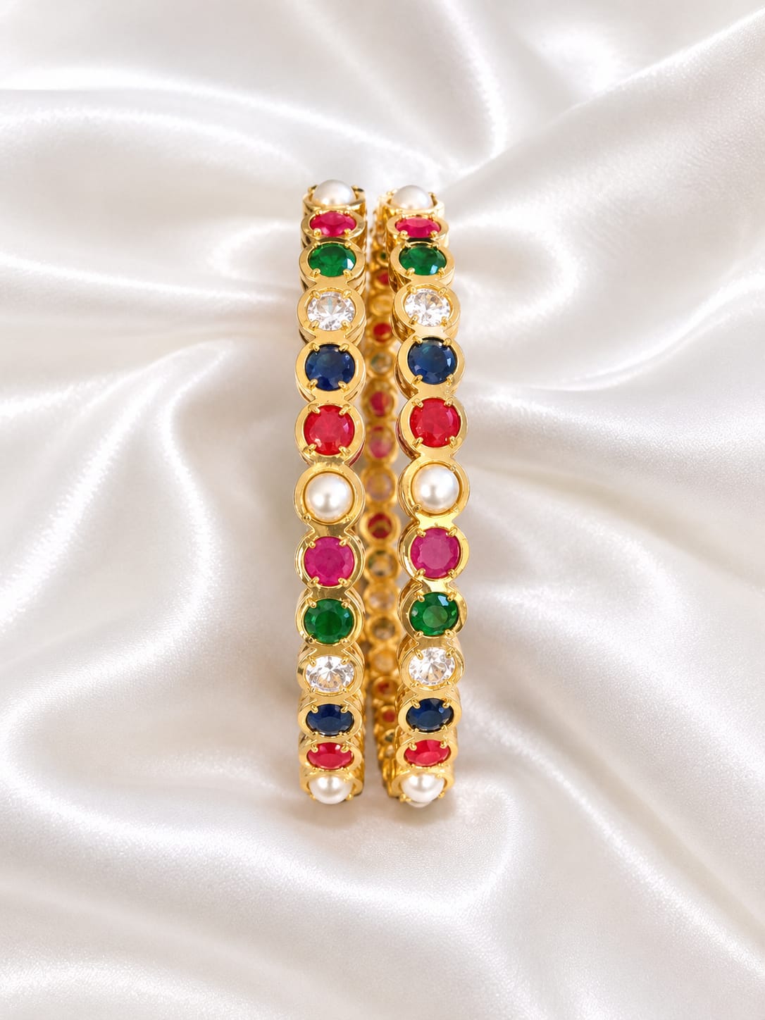 Gold Plated Multi-Color Stone & Pearl Bangle Set (Set of 2) – Navratna Multicolor Bezel