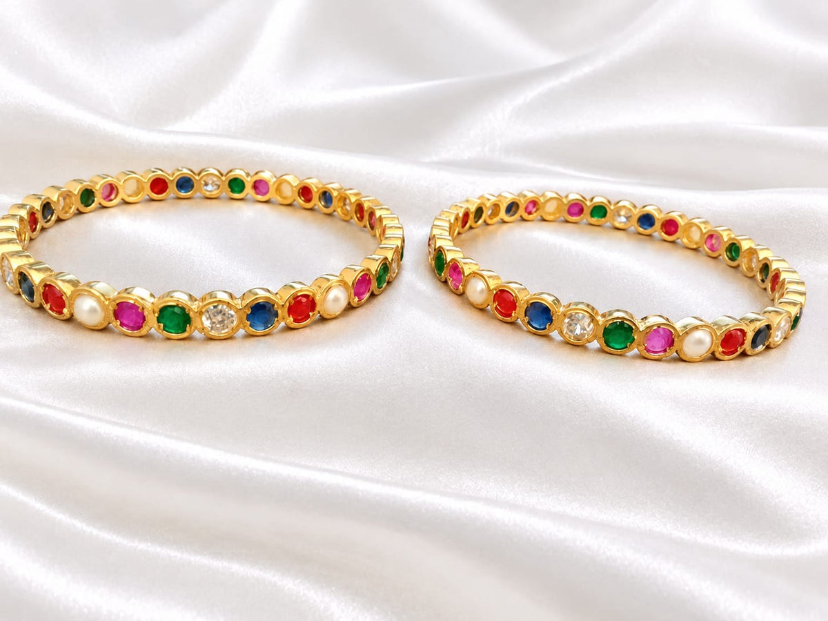 Gold Plated Multi-Color Stone & Pearl Bangle Set (Set of 2) – Navratna Multicolor Bezel