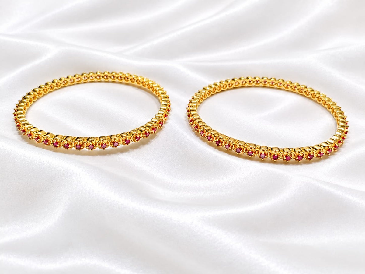 Gold Plated Ruby Pink CZ Stone Bangle Set  Traditional South Indian Style Single-Line Pink  Stone Fixed Bangles (Set of 2)