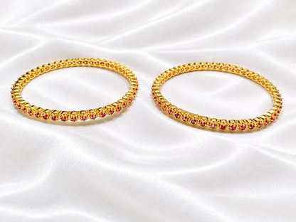 Gold Plated Ruby Pink CZ Stone Bangle Set  Traditional South Indian Style Single-Line Pink  Stone Fixed Bangles (Set of 2)
