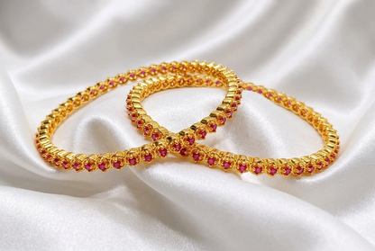 Gold Plated Ruby Pink CZ Stone Bangle Set  Traditional South Indian Style Single-Line Pink  Stone Fixed Bangles (Set of 2)