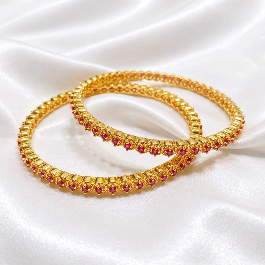 Gold Plated Ruby Pink CZ Stone Bangle Set  Traditional South Indian Style Single-Line Pink  Stone Fixed Bangles (Set of 2)