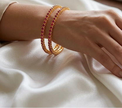 Gold Plated Ruby Pink CZ Stone Bangle Set  Traditional South Indian Style Single-Line Pink  Stone Fixed Bangles (Set of 2)