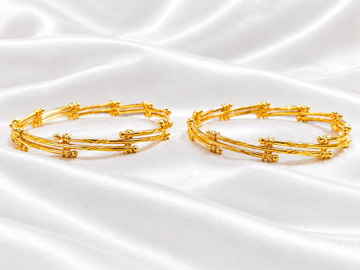 Gold Plated Multi-Strand Wire Bangle Set with Beaded Clasp Accents