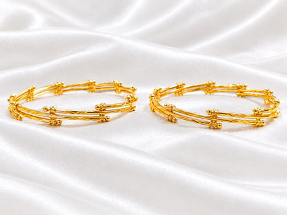 Gold Plated Multi-Strand Wire Bangle Set with Beaded Clasp Accents