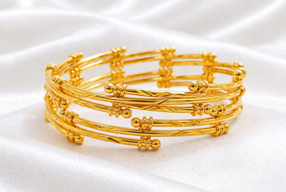Gold Plated Multi-Strand Wire Bangle Set with Beaded Clasp Accents