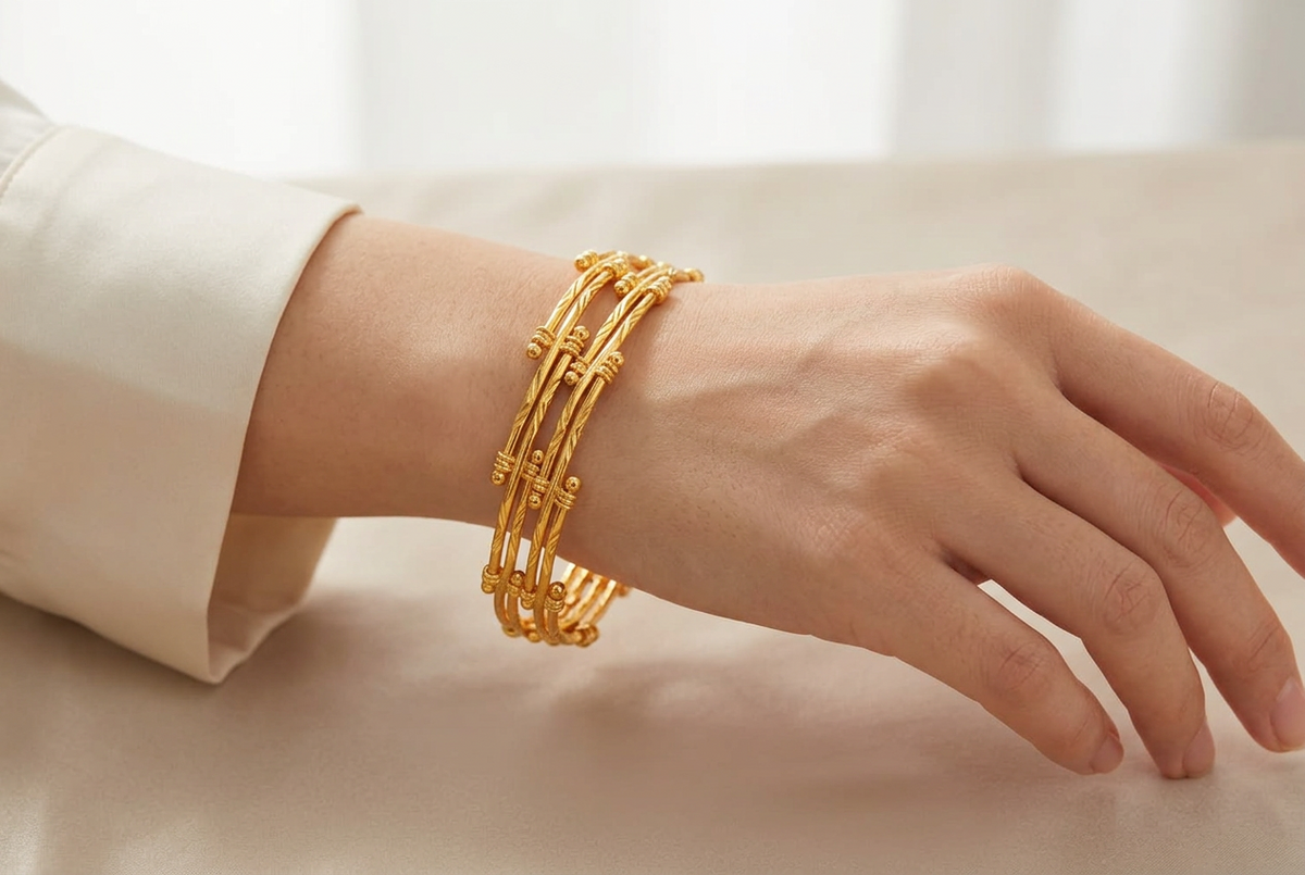 Gold Plated Multi-Strand Wire Bangle Set with Beaded Clasp Accents