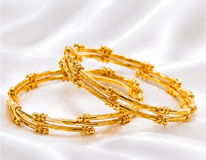 Gold Plated Multi-Strand Wire Bangle Set with Beaded Clasp Accents