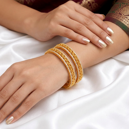 Gold Plated Dual-Row CZ Micro-Pave Broad Bangle Set with Filigree Wave Pattern (Set of 2)