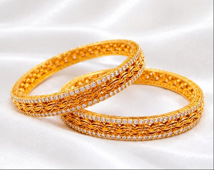 Gold Plated Dual-Row CZ Micro-Pave Broad Bangle Set with Filigree Wave Pattern (Set of 2)