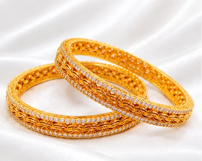 Gold Plated Dual-Row CZ Micro-Pave Broad Bangle Set with Filigree Wave Pattern (Set of 2)