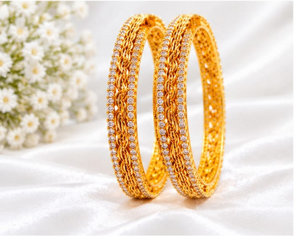 Gold Plated Dual-Row CZ Micro-Pave Broad Bangle Set with Filigree Wave Pattern (Set of 2)