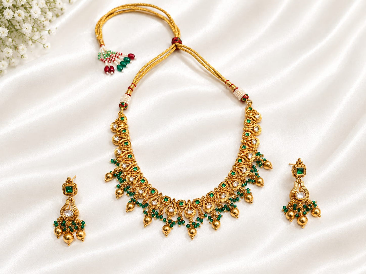 Antique Gold-Plated Choker Necklace & Earring Set with Emerald Green & Kundan Stones