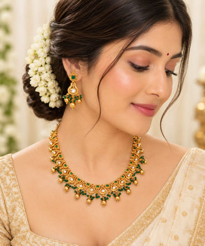 Antique Gold-Plated Choker Necklace & Earring Set with Emerald Green & Kundan Stones