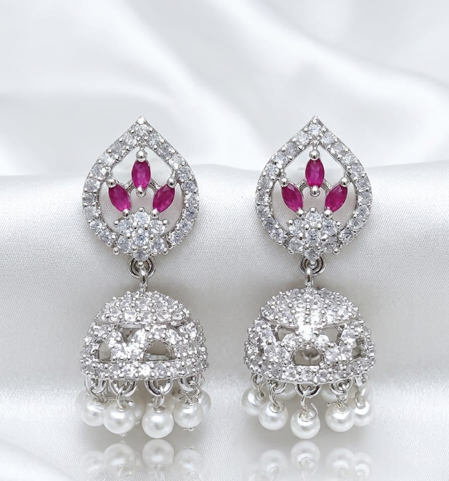 Silver Finished CZ Ruby Jhumka Earrings – Cubic Zirconia Pearl Drop Jhumki
