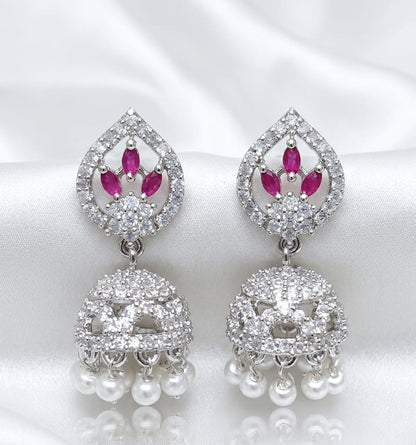 Silver Finished CZ Ruby Jhumka Earrings – Cubic Zirconia Pearl Drop Jhumki