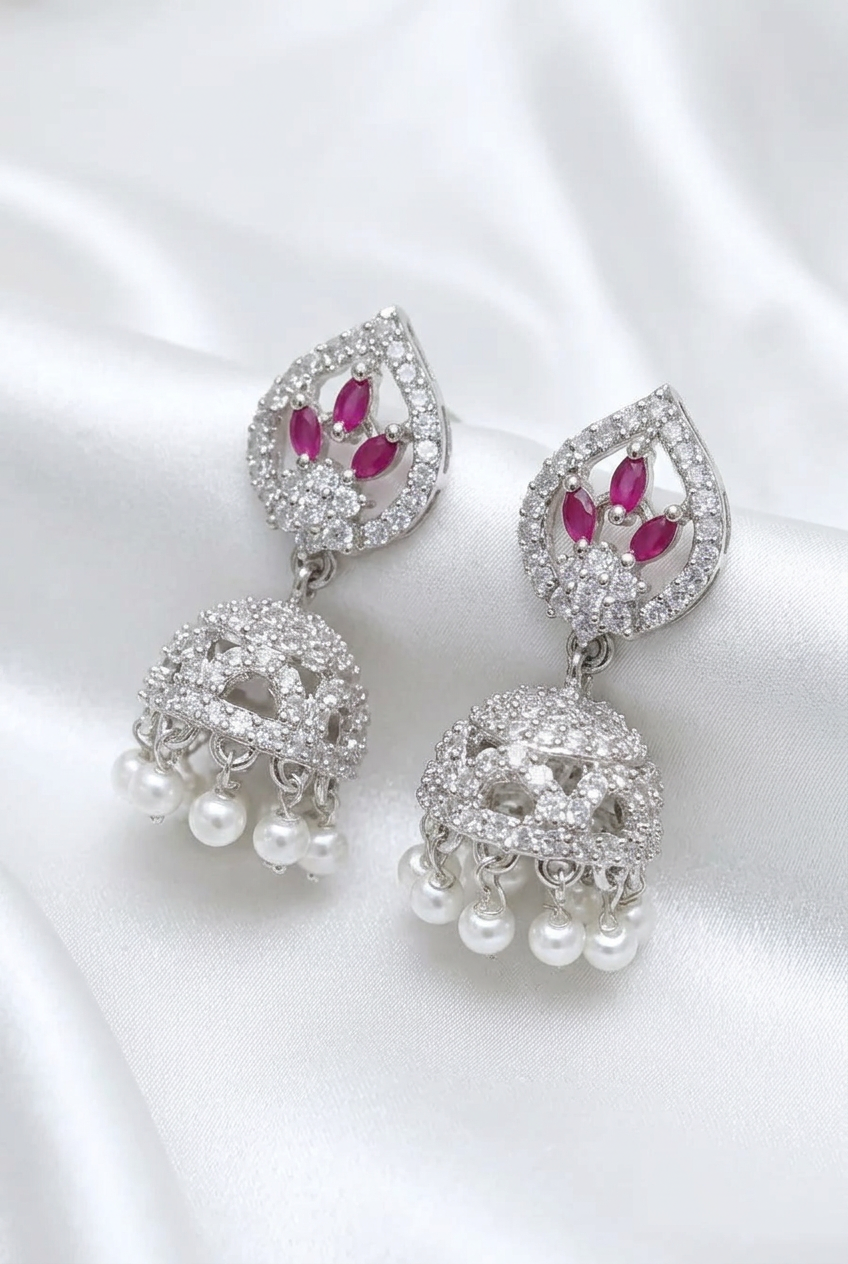 Silver Finished CZ Ruby Jhumka Earrings – Cubic Zirconia Pearl Drop Jhumki
