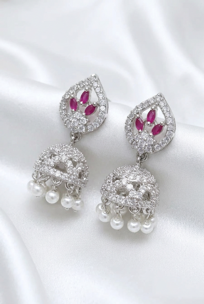 Silver Finished CZ Ruby Jhumka Earrings – Cubic Zirconia Pearl Drop Jhumki