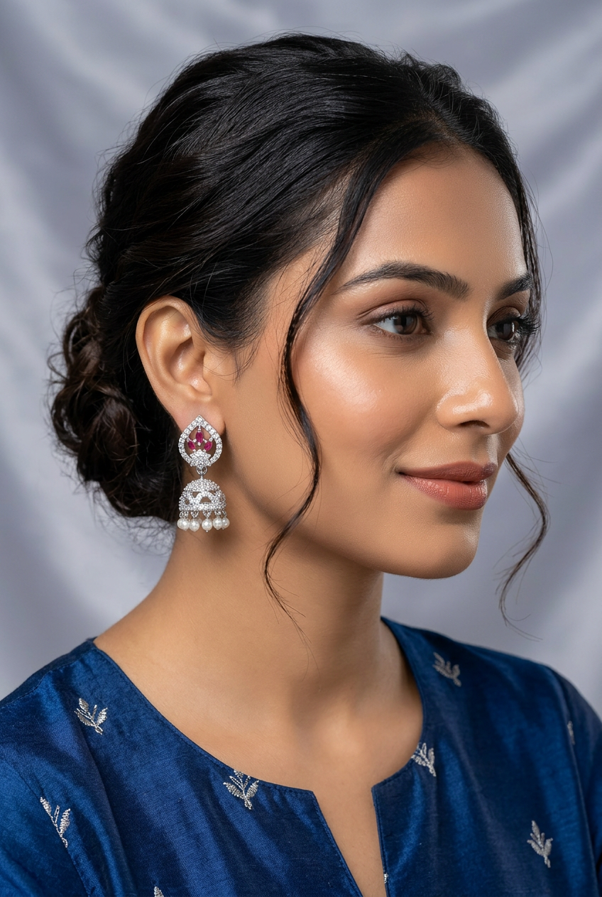 Silver Finished CZ Ruby Jhumka Earrings – Cubic Zirconia Pearl Drop Jhumki