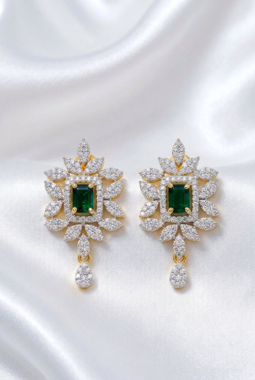 Emerald Green & CZ Floral Statement Earrings – Gold Plated Rectangle Stone Stud Drops
