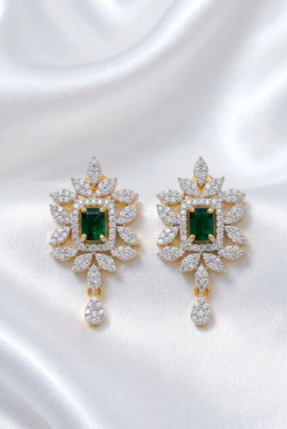 Emerald Green & CZ Floral Statement Earrings – Gold Plated Rectangle Stone Stud Drops