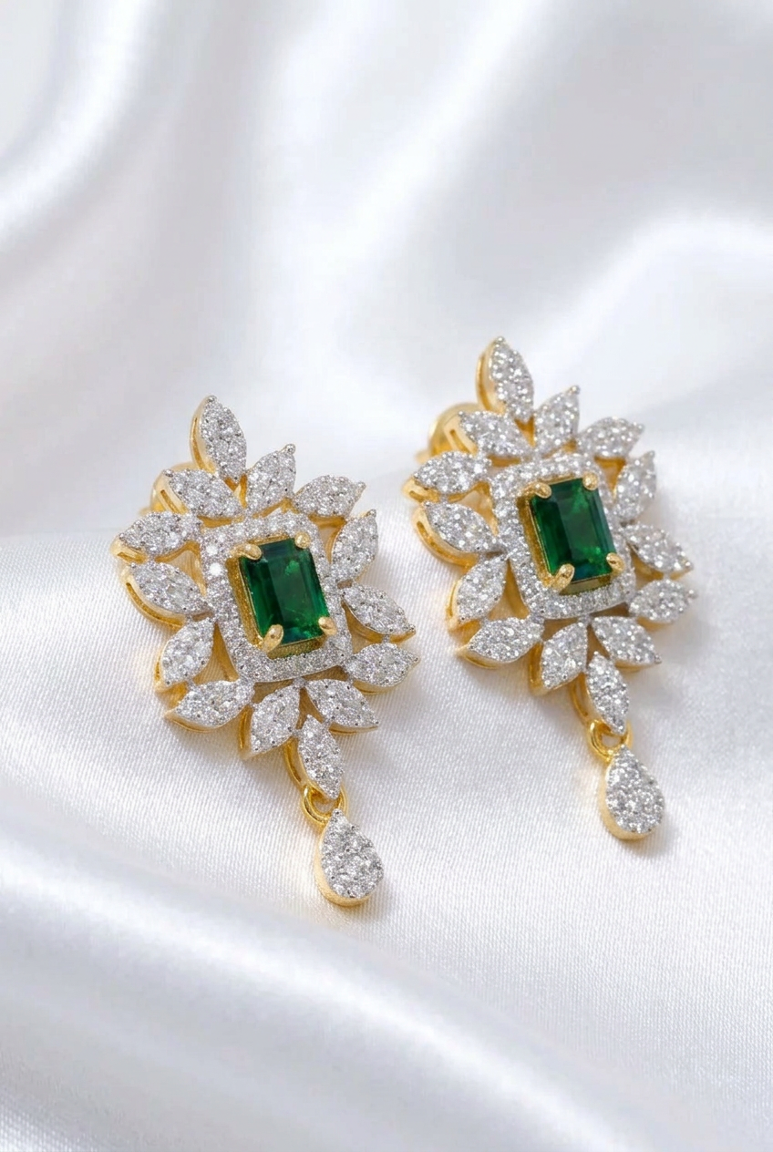Emerald Green & CZ Floral Statement Earrings – Gold Plated Rectangle Stone Stud Drops