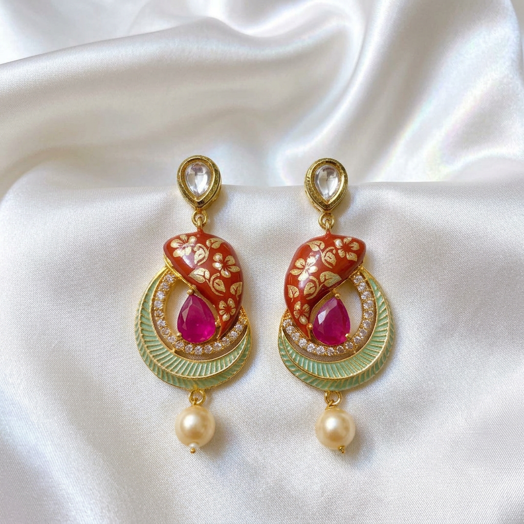 Handpainted Meenakari & Kundan Drop Earrings – Gold Finish Crescent Earrings with Pearl Drop