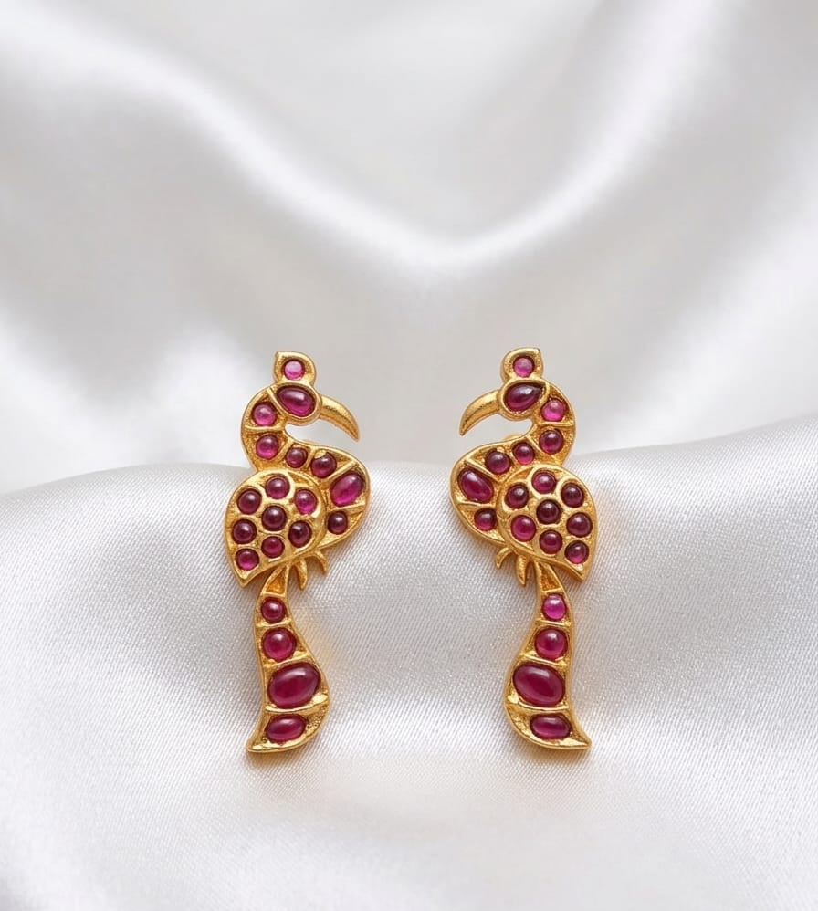 Antique Gold Bird Motif Temple Earrings – Ruby Cabochon Stone Peacock Drop Earrings