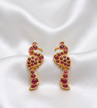 Antique Gold Bird Motif Temple Earrings – Ruby Cabochon Stone Peacock Drop Earrings
