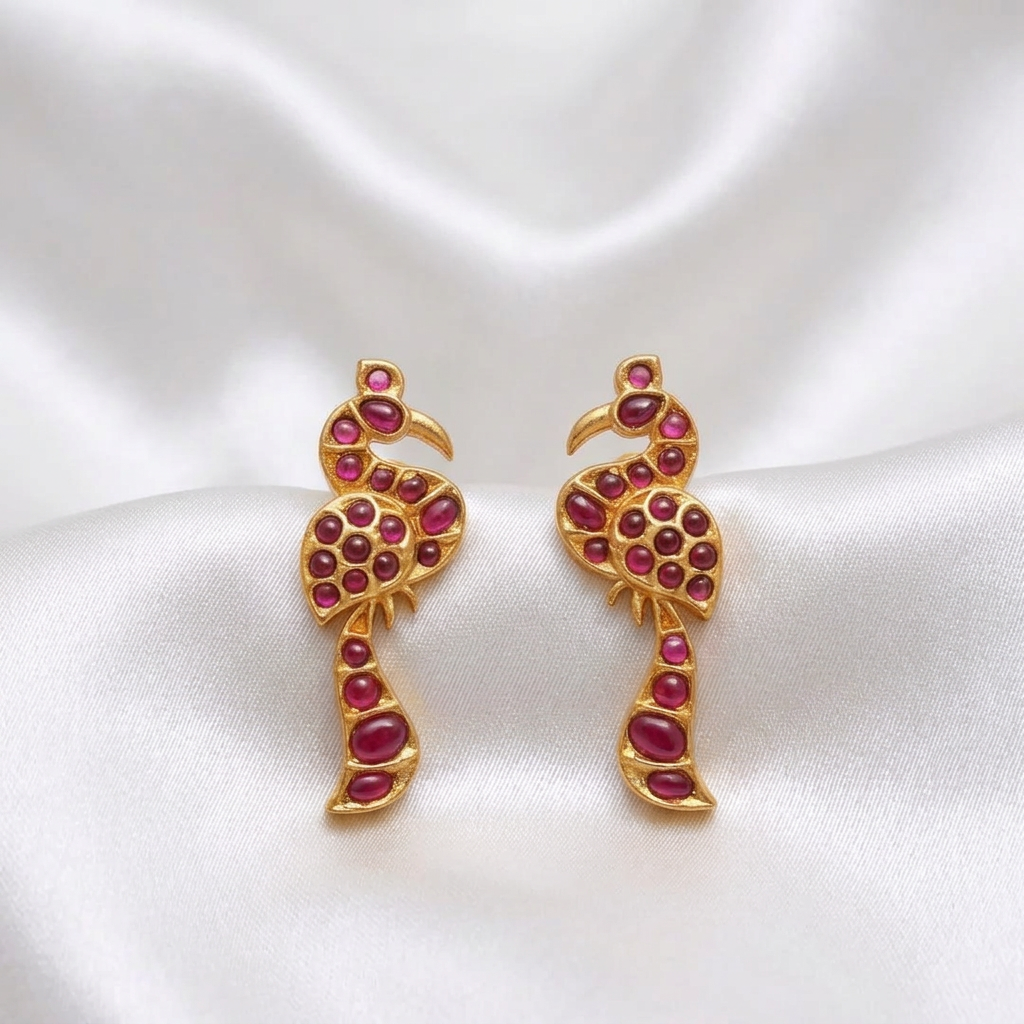 Antique Gold Bird Motif Temple Earrings – Ruby Cabochon Stone Peacock Drop Earrings
