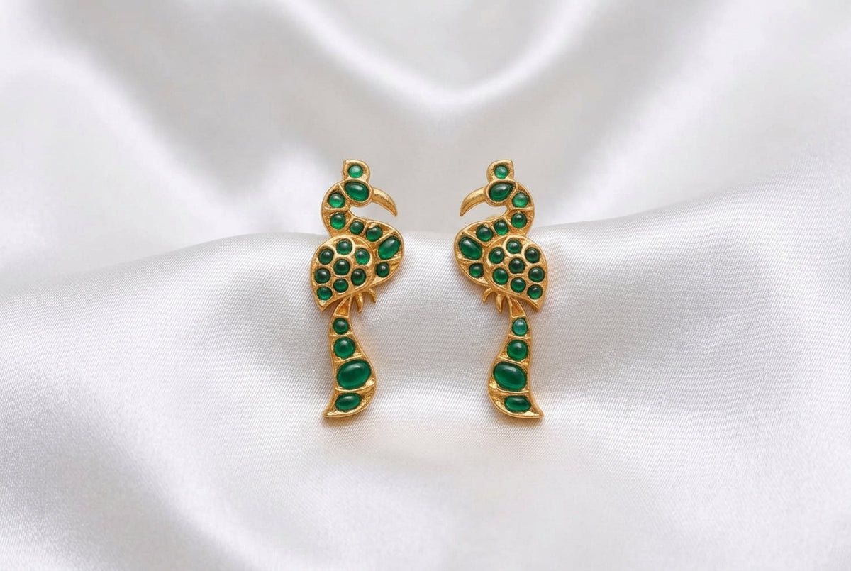 Antique Gold Bird Motif Temple Earrings – Emerald Green Cabochon Stone Peacock Drop Earrings