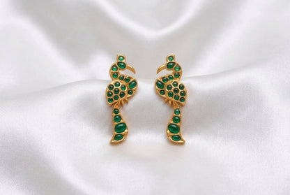 Antique Gold Bird Motif Temple Earrings – Emerald Green Cabochon Stone Peacock Drop Earrings